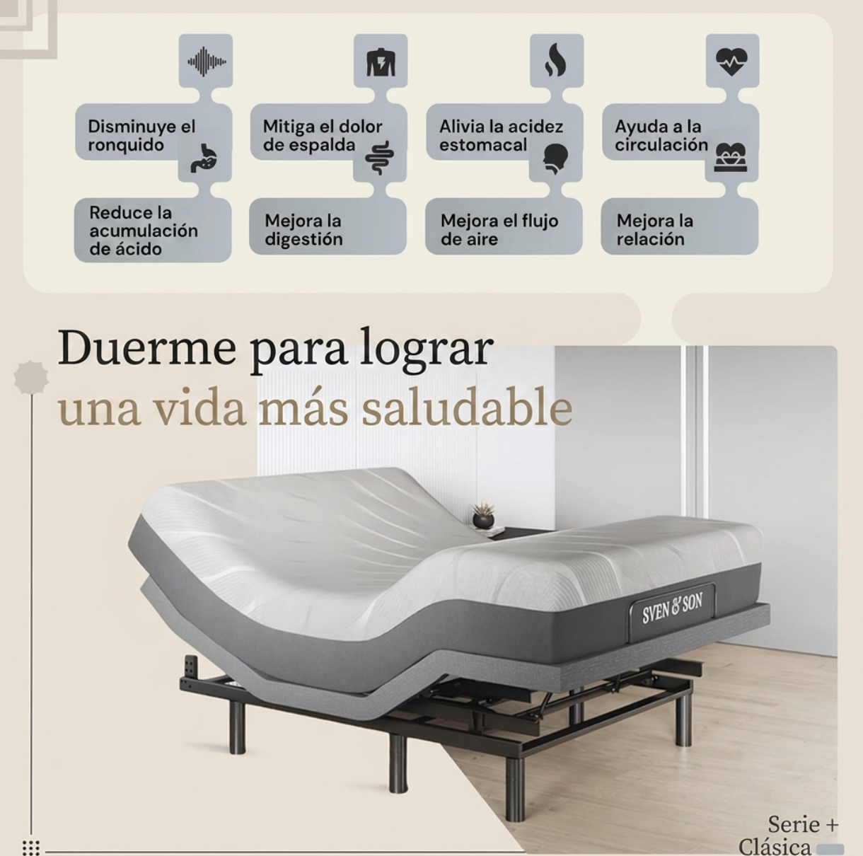 Base de Cama Ajustable Harmony, Elevación de Cabeza y Pie, Masaje, Luces Bajo la Cama, USB, Gel de Memoria, Marco Inteligente de Gravedad Cero - Queen + Colchón de Espuma Viscoelástica de 10 Pulgadas (Firme)