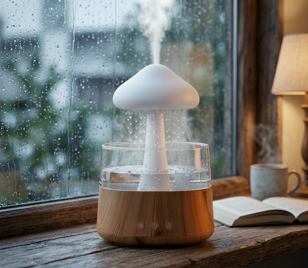 Difusor de Nube Relajante con Lluvia Humidificador Máquina de Aromaterapia Gotas de Lluvia Atomización Ultrasónica Humidificación Lámpara Colorida