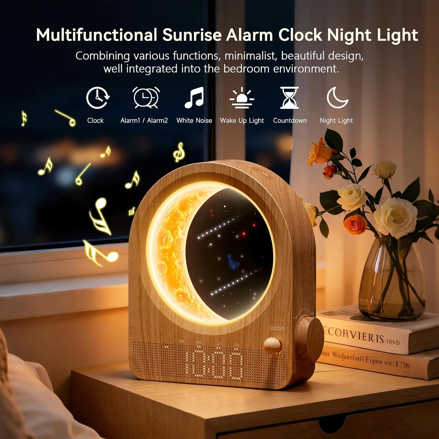 Relojes Despertadores con Amanecer y Lámpara de Luna Regulable, 2 Relojes Despertadores con 12 Niveles de Volumen para Personas con Sueño Profundo, 10 Sonidos Naturales con Temporizador de 30/60/90 Minutos para Dormitorios, Regalos para Mujeres (Madera Marrón).