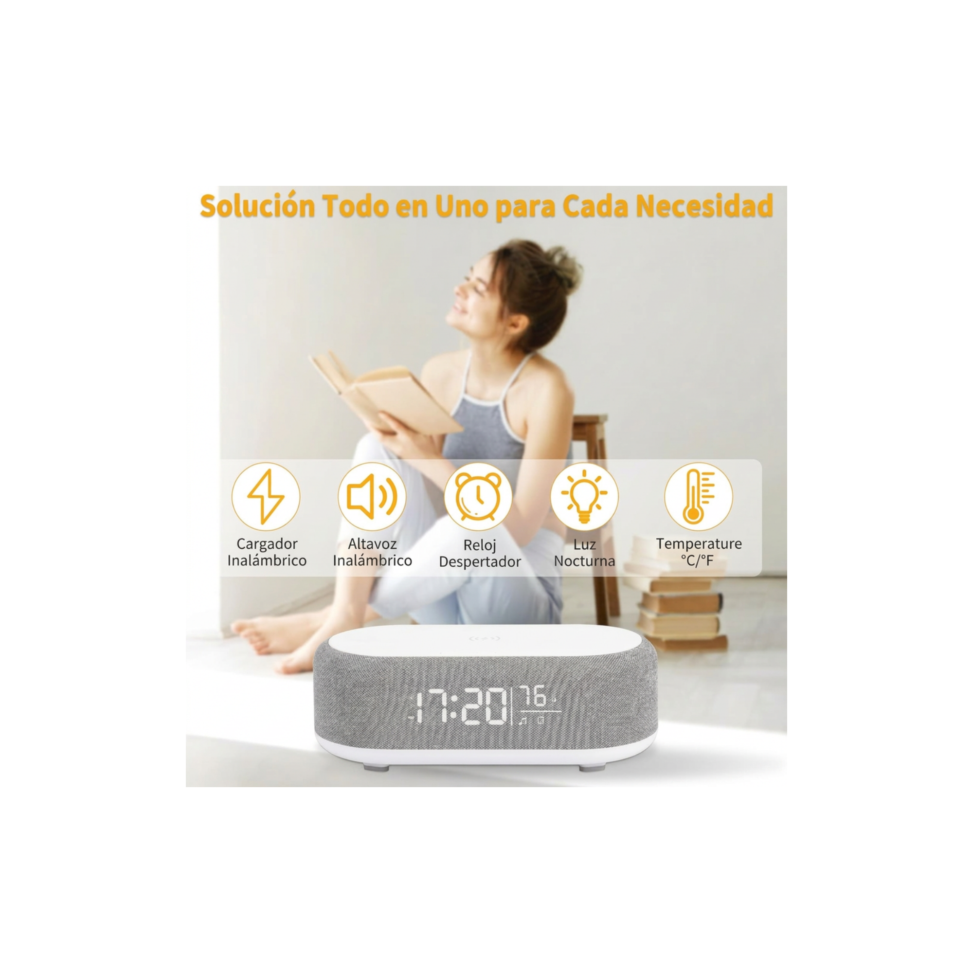 Reloj Despertador 4 en 1 con Carga Inalámbrica, Altavoz Inalámbrico, Luz Nocturna y Pantalla de Temperatura – Reloj Despertador Personalizado para Rutina de Sueño-Despertar para Dormilones (Gris)