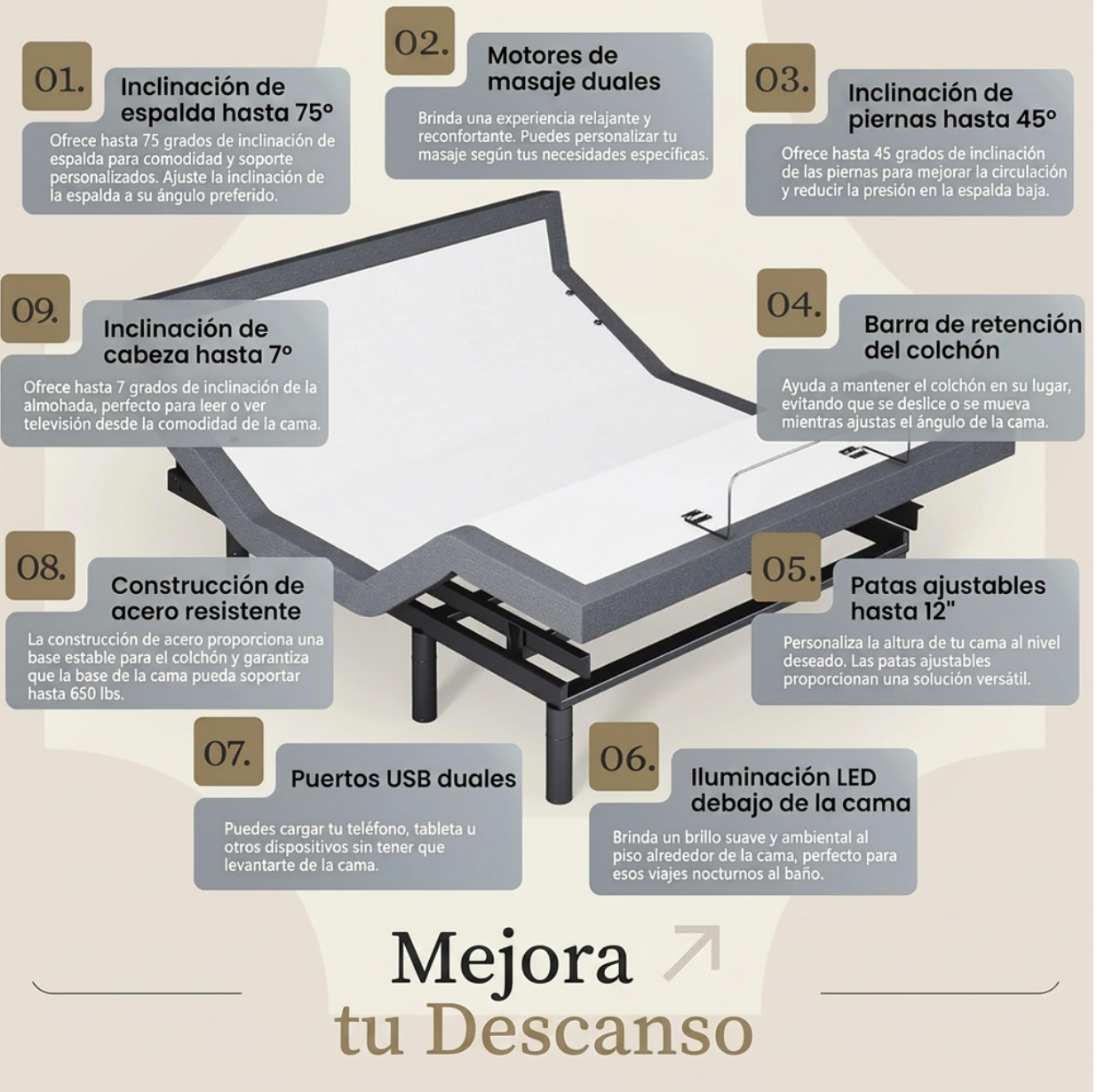 Base de Cama Ajustable Harmony, Elevación de Cabeza y Pie, Masaje, Luces Bajo la Cama, USB, Gel de Memoria, Marco Inteligente de Gravedad Cero - Queen + Colchón de Espuma Viscoelástica de 10 Pulgadas (Firme)