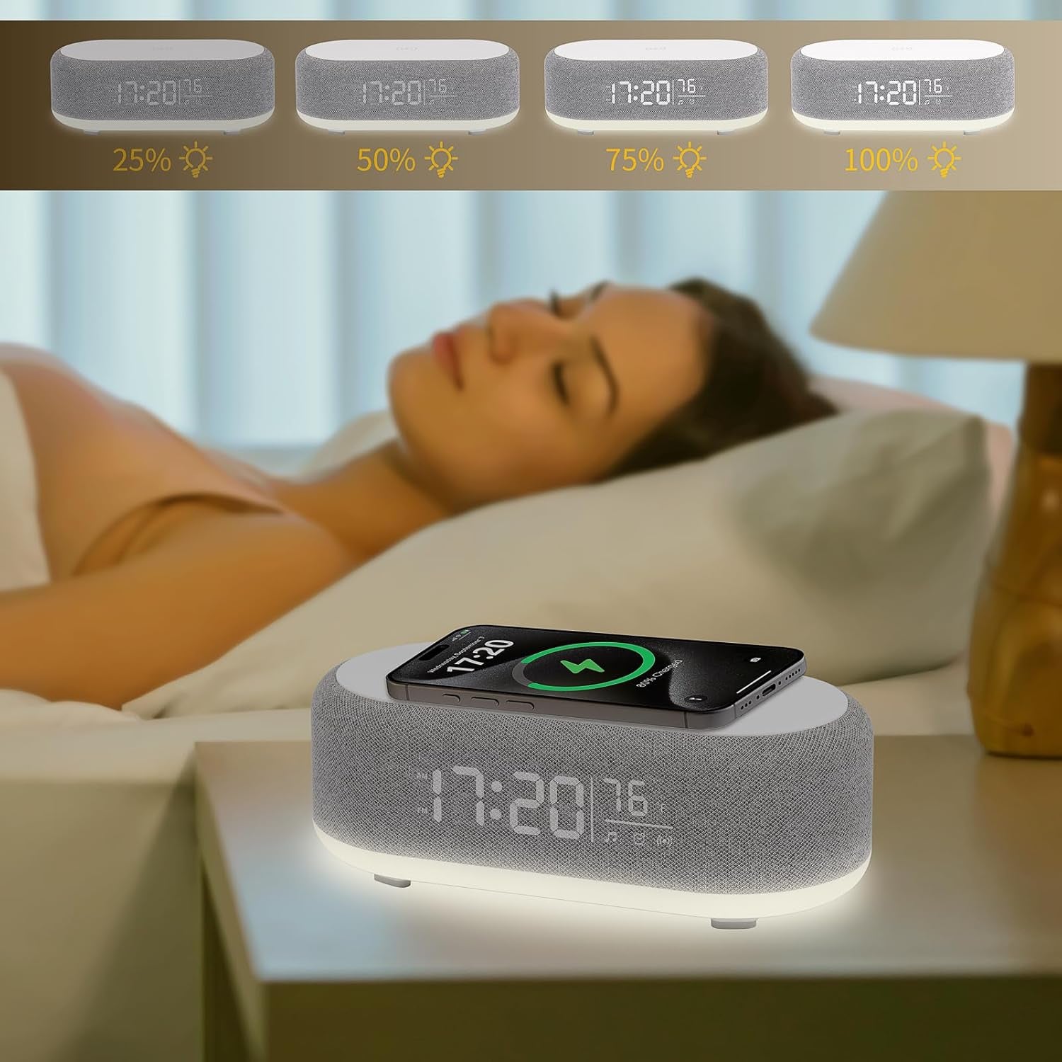 Reloj Despertador 4 en 1 con Carga Inalámbrica, Altavoz Inalámbrico, Luz Nocturna y Pantalla de Temperatura – Reloj Despertador Personalizado para Ciclo de Sueño-Despertar para Dormilones (Gris)
