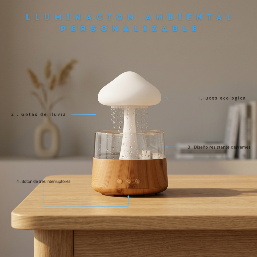 Difusor de Nube Relajante con Lluvia Humidificador Máquina de Aromaterapia Gotas de Lluvia Atomización Ultrasónica Humidificación Lámpara Colorida