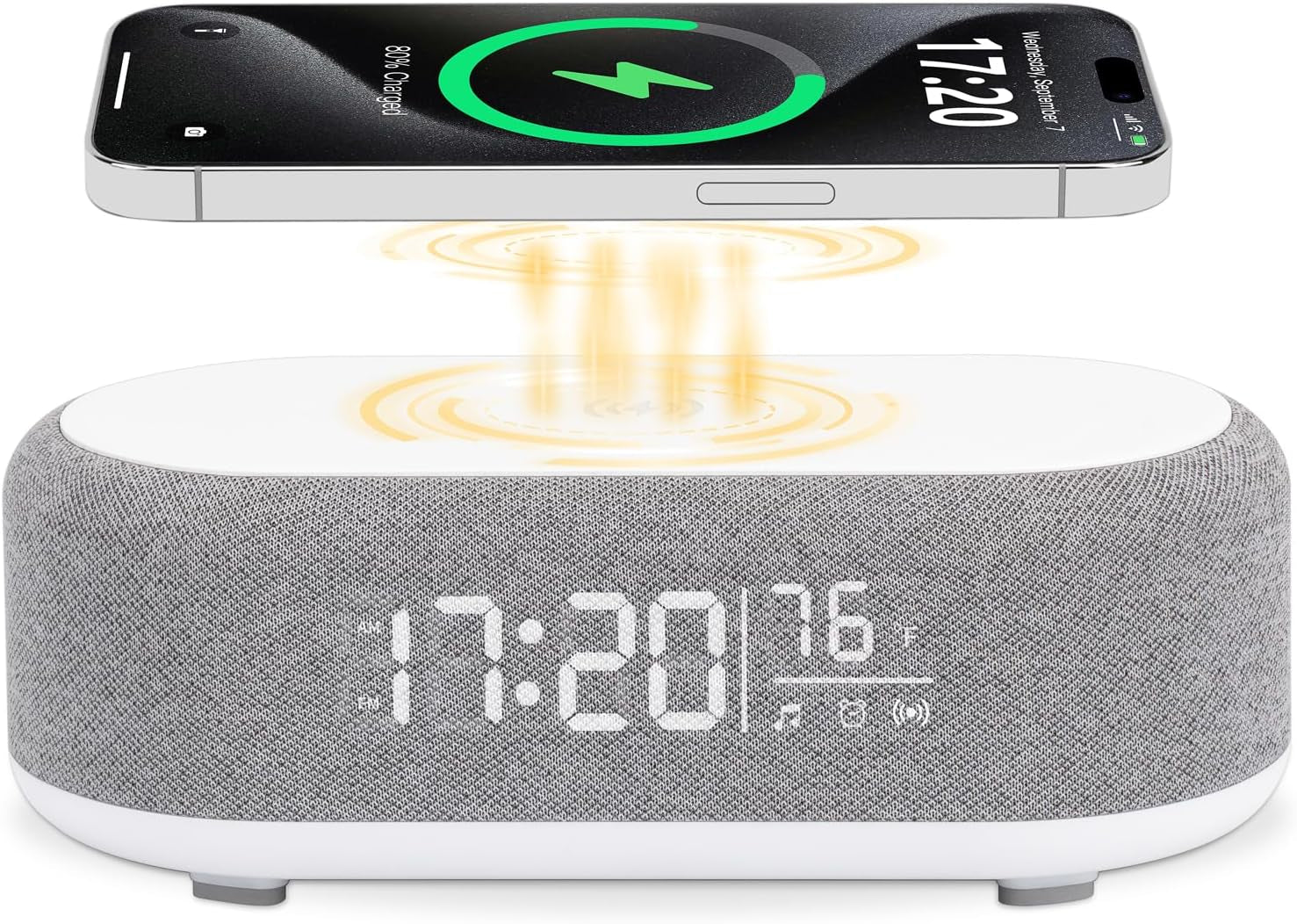 Reloj Despertador 4 en 1 con Carga Inalámbrica, Altavoz Inalámbrico, Luz Nocturna y Pantalla de Temperatura – Reloj Despertador Personalizado para Ciclo de Sueño-Despertar para Dormilones (Gris)